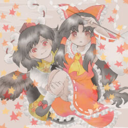 2girls ascot bird_wings black_hair black_wings bow carrying detached_sleeves frilled_bow frills gohei hair_bow hair_tubes hakurei_reimu hat holding holding_gohei leaf leaf_print long_hair looking_at_viewer lowres maple_leaf mo-musu multiple_girls muted_color pom_pom_(clothes) princess_carry red_eyes red_hat red_skirt ribbon-trimmed_sleeves ribbon_trim shameimaru_aya skirt skirt_set tengu tokin_hat touhou wings yellow_ascot