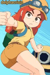 1girl angry ass backpack bag belt black_eyes blue_background brawl_stars brown_belt brown_shorts cannon delpha_crisis female_focus flat_chest goggles goggles_on_headwear hat jessie_(brawl_stars) loli long_hair looking_at_viewer red_hair shirt shorts standing yellow_hat yellow_shirt