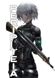 1girl battle_rifle black_bodysuit body_armor bodysuit commentary copyright_name cowboy_shot cyberpunk cyborg english_commentary greek_text grey_hair gun h&amp;k_g3 hair_ornament hairclip hedprotag highres holding holding_gun holding_weapon laser_sight looking_to_the_side marie_(peripeteia) mechanical_hands peripeteia rifle short_hair simple_background smile solo standing turning_head vertical_text weapon weapon_focus white_background