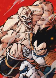2boys bald black_hair dragon_ball dragonball_z hashagu male_focus medium_hair monkey_tail multiple_boys muscular muscular_male nappa red_background saiyan_armor simple_background spiked_hair tail topless_male vegeta veins