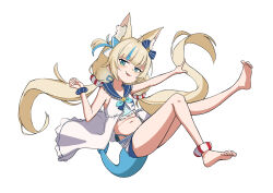 1girl animal_ear_fluff animal_ears barefoot blonde_hair blue_eyes blue_streaks cat_ears dress feet fins fish_tail gustaflowart highres indie_virtual_youtuber lifebuoy_hair_ornament long_hair low_twintails navel one_side_up open_clothes open_dress sailor_dress sameko_saba simple_background solo tail twintails virtual_youtuber white_background white_dress