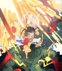 1boy black_hair blue_shorts clenched_hands commentary full_body gear_fifth hagoromo haki_(one_piece) hat highres male_focus monkey_d._luffy one_piece orange_shorts purple_sash red_shirt sandals sash shawl shirt shorts solo straw_hat taku_(aywakutakuay) tongue transformation