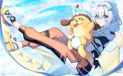 +_+ 1girl absurdres animal blue_eyes braid crop_top cutescookie dog grin hair_intakes hair_ornament highres holding holding_animal holding_dog honkai:_nexus_anima honkai_(series) jacket kiana_kaslana long_hair long_sleeves looking_at_viewer midriff pants shoes smile sneakers white_hair white_jacket white_shoes