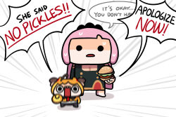 Rule 34 | 2girls, ahoge, black dress, brown hair, burger, chibi, commentary, dress, english commentary, english text, excuse me he asked for no pickles (meme), food, gigi murin, gigi murin (1st costume), highres, hololive, hololive english, jacket, keenbiscuit, long hair, looking at viewer, meme, mori calliope, mori calliope (1st costume), multiple girls, open mouth, pink hair, shaded face, sweat, twintails, virtual youtuber