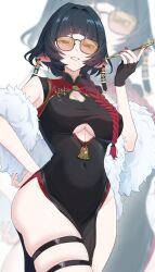 Rule 34 | 1girl, alternate costume, animal ears, black dress, china dress, chinese clothes, cosplay, cutout above navel, dress, highres, jane doe (zenless zone zero), mouse ears, ruaruayana, sleeveless, sleeveless dress, solo, sweety (zenless zone zero), sweety (zenless zone zero) (cosplay), thighs, tinted eyewear, yellow-tinted eyewear, zenless zone zero