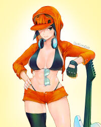 1girl alternate_costume artist_name bikini black_bikini black_hair breasts closed_mouth commentary english_commentary eyewear_hang green_eyes guilty_gear guilty_gear_strive guitar hat headphones highres hood hooded_jacket i-no instrument jacket large_breasts mole mole_on_breast navel quasimodox red_hat red_jacket red_shorts short_shorts shorts smile solo stomach swimsuit unworn_eyewear