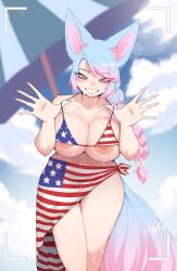 1girl absurdres american_flag_bikini american_flag_print animal_ear_fluff animal_ears beach_umbrella bikini bikini_top_lift blue_eyes blue_hair blush braid braided_ponytail breasts clothes_lift collarbone curvy feet_out_of_frame flag_print flag_print_bikini flower gradient_hair hair_flower hair_ornament highres huge_breasts indie_virtual_youtuber large_areolae large_breasts large_nipples lens_flare luxu multicolored_hair nipple_slip nipples outdoors parted_lips pink_hair print_bikini sarong shiny_skin sidelocks silvervale sky smile solo standing swept_bangs swimsuit tail thick_thighs thighs umbrella viewfinder virtual_youtuber wolf_ears wolf_girl wolf_tail