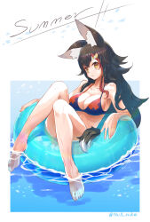 Rule 34 | 1girl, absurdres, afloat, animal ear fluff, animal ears, bikini, black bikini, black hair, breasts, brown eyes, collarbone, hair ornament, highres, hololive, innertube, large breasts, long hair, looking at viewer, multicolored hair, null suke, ookami mio, red hair, solo, streaked hair, swim ring, swimsuit, tail, twitter username, very long hair, virtual youtuber, water, wolf ears, wolf girl, wolf tail
