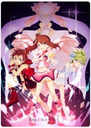 10s 1girl 2boys bad_deviantart_id bad_id blue_dress blue_eyes boots bracelet brendan_(pokemon) brendan_(pokemon_oras) brown_hair butterfly_hair_ornament crossdressing crystal diancie dress gem gen_6_pokemon gradient_background green_hair hair_ornament hair_tie highres jacket jewelry kneehighs legendary_pokemon may_(contest)_(pokemon) may_(pokemon) may_(pokemon_oras) mega_diancie mega_pokemon milkuriem miniskirt multiple_boys multiple_girls mythical_pokemon nintendo pleated_skirt pokemon pokemon_(creature) pokemon_oras skirt socks wally_(pokemon)