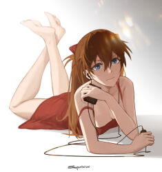 1girl absurdres bare_legs barefoot blue_eyes breasts brown_hair cleavage closed_mouth collarbone crossed_ankles digital_media_player dress full_body hairpods highres looking_at_viewer lying neon_genesis_evangelion on_stomach red_dress sepxxix small_breasts solo souryuu_asuka_langley strap_slip