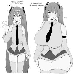 2girls :3 arm_at_side arm_behind_back armpit_crease bare_shoulders blush breasts closed_mouth collared_shirt commentary covered_erect_nipples cowboy_shot cropped_legs detached_sleeves dual_persona english_commentary english_text greyscale hair_between_eyes hair_ribbon hand_up hatsune_miku heart highres huge_breasts long_hair looking_at_viewer miniskirt monochrome multiple_girls necktie ohasi open_mouth pleated_skirt ribbon shirt sidelocks simple_background skindentation skirt sleeveless sleeveless_shirt smile standing straight_hair sweat thick_thighs thighhighs thighs twintails very_long_hair vocaloid white_background zettai_ryouiki