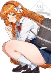 1girl absurdres bag blue_skirt bow bowtie brown_hairband brown_shoes hair_bow hairband highres ishmael_(project_moon) limbus_company loafers long_hair looking_at_viewer orange_hair pleated_skirt project_moon red_bow red_bowtie rope school_bag school_uniform shoes sidelocks simple_background skirt socks sohdvh_khos_ph solo squatting very_long_hair white_background white_bow white_socks