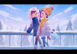 2boys bag beanie black_hair blue_coat boots brown_hair closed_eyes cloud coat creatures_(company) day down_jacket florian_(pokemon) from_side fur-trimmed_hood fur_trim game_freak gloves habu_(seiho_1334) hat highres hood hood_up jacket kieran_(pokemon) leggings letterboxed long_sleeves male_focus multiple_boys nintendo open_mouth outdoors plastic_bag pokemon pokemon_sv purple_hair railing red_gloves scarf shorts sky snow snowing tree white_jacket winter_clothes yellow_hat yellow_scarf
