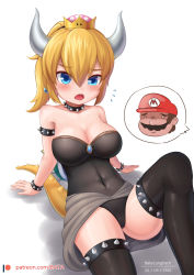 1boy 1girl armlet batazungharn blonde_hair blue_eyes bowsette brooch cameltoe choker crown disembodied_head earrings facial_hair fangs hair_between_eyes hat high_ponytail highres horns humanization jewelry mario mario_(series) mini_crown mustache new_super_mario_bros._u_deluxe nintendo parted_bangs parted_lips ponytail raised_eyebrows simple_background speech_bubble spiked_choker spikes super_crown thighhighs thighlet thighs tiara white_background