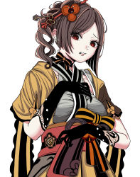 1girl absurdres black_gloves brown_hair chiori_(genshin_impact) clenched_teeth genshin_impact gloves grey_kimono hair_ornament haori highres japanese_clothes kimono looking_at_viewer obi ponytail qkdtkd558 red_eyes red_sash sash short_hair short_sleeves simple_background skirt solo teeth upper_body white_background yellow_skirt