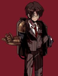 1boy arm_behind_back baeloe beard_stubble blood blood_on_clothes blood_on_face brown_hair brown_suit collared_shirt facial_hair firefist_office_(identity)_(project_moon) flamethrower formal_clothes gas_can glasses gregor_(project_moon) limbus_company looking_at_viewer low_ponytail male_focus necktie pixel_art ponytail project_moon prosthesis prosthetic_arm red_background red_necktie shirt short_hair solo striped_clothes stubble suit vertical-striped_clothes weapon white_shirt yellow_eyes
