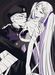 1boy 1girl atyakodayo1 bandaged_chest bandaged_head bandaged_leg bandages breasts covered_face drooling gakuran gakuseibou geminism hair_ribbon half-closed_eyes hand_on_another&#039;s_shoulder hat highres hirosoma_kikyou hug licking licking_breast long_hair looking_at_another purple_eyes purple_ribbon ribbon school_uniform see-through_body simple_background small_breasts swept_bangs twitter_username two_side_up very_long_hair yamaga_awasumi