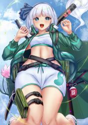 Rule 34 | 1girl, alternate costume, bag, belt, bikini, black hairband, blue eyes, blue sky, cloud, flower, ghost, green jacket, grey hair, hairband, highres, holding, holding behind back, holding sword, holding sword behind back, holding weapon, holding weapon behind back, jacket, konpaku youmu, konpaku youmu (ghost), konpaku youmu (sunny dual-wielder), long sleeves, looking at viewer, multiple swords, open mouth, outdoors, short hair, shounen (hogehoge), sky, solo, swimsuit, sword, teeth, thigh strap, touhou, touhou lostword, upper teeth only, variant set, weapon, white bikini, white footwear