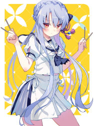 Rule 34 | 1girl, akayama yukihe, ascot, black ascot, black bow, blue hair, blush, border, bow, braid, closed mouth, commentary, cowboy shot, crown braid, dual wielding, eyes visible through hair, fingernails, floating hair, food, frown, hair between eyes, hair bow, hair bun, hair ornament, hands up, highres, holding, holding food, holding pocky, long hair, looking at viewer, miniskirt, outside border, pocky, puffy short sleeves, puffy sleeves, red eyes, sailor collar, school uniform, serafuku, serious, shirt, short sleeves, sidelocks, simple background, single hair bun, skirt, solo, sorakado ao, straight hair, summer pockets, summer pockets school uniform, tassel, tassel hair ornament, v-shaped eyebrows, very long hair, w arms, white border, white sailor collar, white serafuku, white shirt, white skirt, yellow background