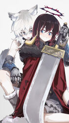 2girls absurdres animal_ear_piercing animal_ears armored_gloves blue_eyes blush boots brown_hair cape closed_mouth commentary english_commentary girls_band_cry grey_boots grey_eyes grey_hair hair_between_eyes halo highres iseri_nina kawaragi_momoka long_hair low_twintails medium_hair multicolored_hair multiple_girls red_cape roots_(hair) sweatdrop swimsuit tail twintails wolf_ears wolf_girl wolf_tail ydpfa