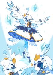 1girl ahoge beak bird_girl bird_tail bird_wings blue_eyes blue_theme bow commentary crystal dress english_commentary feathered_wings furry furry_female head_wings hime_lolita koi_drake lolita_fashion multiple_views one_eye_closed original standing star_(symbol) swan_girl tail wings