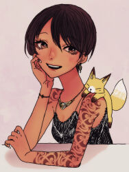 1girl animal animal_on_shoulder arm_on_table arm_tattoo bad_id bad_pixiv_id black_shirt brown_eyes brown_hair earrings fingernails fox hair_between_eyes jewelry long_fingernails looking_at_viewer necklace open_mouth original pasikon shirt short_hair solo tattoo