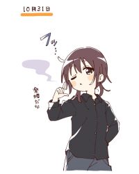 Rule 34 | 1girl, ;o, black shirt, black shorts, blush stickers, brown eyes, brown hair, buttons, collared shirt, commentary request, cropped legs, finger gun, funami yui, hand on own hip, hand up, highres, index finger raised, long sleeves, looking at viewer, namori, one eye closed, open mouth, shirt, short hair, shorts, simple background, solo, translation request, white background, yuru yuri