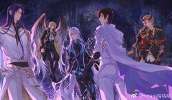 5boys abstract_background aiguillette alkaid_mcgrath alkaid_mcgrath_(until_the_end_of_time) angel_wings aqua_eyes arm_at_side armor ascot ayn_alwyn ayn_alwyn_(until_the_end_of_time) belt black_background black_bow black_bowtie black_cape black_coat black_gloves black_hair black_horns black_jacket black_pants black_sash black_shoes blonde_hair blue_belt blue_eyes bow bowtie cael_anselm cael_anselm_(until_the_end_of_time) cape chinese_commentary clarence_clayden clarence_clayden_(until_the_end_of_time) closed_mouth coat collared_shirt colored_lapels cowboy_shot curtained_hair demon_boy demon_horns earrings elbow_gloves expressionless feathered_wings frilled_sleeves frills full_body gloves gradient_wings green_eyes hair_between_eyes hair_over_shoulder half_updo hand_in_pocket hand_on_own_chest hand_on_own_hip highres horns hotaru_gugugu jacket jewelry lapels lars_rorschach lars_rorschach_(until_the_end_of_time) long_bangs long_hair long_sleeves looking_at_viewer looking_back lovebrush_chronicles low_ponytail male_focus monocle multicolored_wings multiple_boys notched_lapels pants parted_bangs pauldrons ponytail purple_eyes purple_hair red_ascot red_eyes sash shirt shoes short_hair shoulder_armor shoulder_guard side_cape sideways_glance single_earring single_pauldron sleeve_cuffs standing star_(symbol) star_earrings tassel very_long_hair waist_cape watermark wavy_hair weibo_watermark white_ascot white_cape white_gloves white_hair white_jacket white_pants white_shirt wings