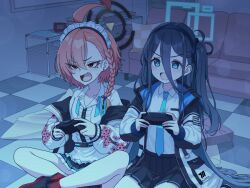 Rule 34 | 2girls, absurdly long hair, absurdres, ahoge, aris (blue archive), black hair, black hairband, black skirt, blue archive, blue eyes, blue halo, blue necktie, braid, controller, fang, game controller, hair between eyes, hairband, halo, highres, holding, holding controller, holding game controller, jacket, long hair, long hair between eyes, long sleeves, miniskirt, mole, mole under eye, multiple girls, necktie, neru (blue archive), one side up, open mouth, orange hair, pleated skirt, rectangular halo, red eyes, ringed eyes, shirt, short hair, single braid, sitting, skirt, sukajan, vector (dmlddmld00), very long hair, white shirt