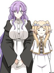 2girls :3 absurdres black_cloak blonde_hair blue_eyes breasts cantarella_(wuthering_waves) capelet cartethyia_(wuthering_waves) cloak closed_eyes closed_mouth commentary cosplay crown_of_thorns den_kun69 dress earrings facial_mark facing_viewer fern_(sousou_no_frieren) fern_(sousou_no_frieren)_(cosplay) frieren frieren_(cosplay) hair_between_eyes hashtag-only_commentary highres huge_breasts jewelry long_hair looking_at_viewer mark_under_eye multiple_girls parted_bangs pointy_ears purple_hair simple_background smile sousou_no_frieren tacet_mark_(wuthering_waves) twintails twitter_username very_long_hair white_background white_capelet white_dress wuthering_waves