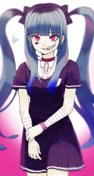 1girl amemiya_darumi bandaged_arm bandages black_bow black_hair black_skirt blue_eyes blue_hair bow collar collarbone ear_piercing earrings face_piercing female_focus hair_bow heart highres jewelry lip_piercing long_hair makeup multicolored_hair piercing pink_background pink_eyes pleated_skirt runny_makeup safety_pin short_sleeves simple_background skirt smile solo solo_focus standing the_hundred_line_-last_defense_academy- twintails white_background white_stripes wristband