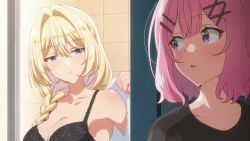 Rule 34 | &gt; &lt;, 2girls, amaori renako, animated, anime screenshot, bathrobe, bathroom, black bra, black panties, black shirt, blonde hair, blue eyes, blush, bra, braid, breasts, closed eyes, collarbone, hair between eyes, hair ornament, hairclip, highres, large breasts, long hair, medium hair, multiple girls, navel, ouzuka mai, panties, pink bra, pink hair, pink panties, robe, shirt, sound, stomach, tagme, thighs, underwear, undressing, video, watashi ga koibito ni nareru wake naijan murimuri!, white robe