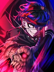 1boy black_cape black_hair blue_hair cape constricted_pupils dual_wielding earrings evil_grin evil_smile eye_print eyepatch glint grey_eyes grin headgear highres holding holding_weapon jewelry last_defense_academy_school_uniform long_sleeves looking_at_viewer male_focus multicolored_hair nota_sayaka omokage_yugamu print_eyepatch redrawn school_uniform short_hair smile solo the_hundred_line_-last_defense_academy- weapon