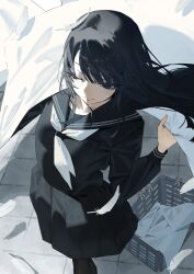 1girl black_eyes black_hair black_serafuku black_skirt closed_mouth commentary falling_feathers feathers hand_up long_hair long_sleeves mi8pq neckerchief one_eye_closed original outdoors school_uniform serafuku skirt solo symbol-only_commentary white_neckerchief