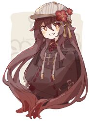 1girl alternate_costume backpack bag black_bag blush brown_hair brown_hoodie casual flower flower-shaped_pupils genshin_impact gradient_hair grey_hat grin hands_in_pockets hat hat_flower highres hood hood_down hoodie hu_tao_(genshin_impact) komerina long_hair long_sleeves looking_at_viewer low_twintails multicolored_hair red_eyes red_flower signature smile solo symbol-shaped_pupils tassel twintails very_long_hair