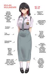 1girl arrow_(symbol) arumanis black_hair black_shoes breasts brown_eyes character_name character_profile closed_mouth collared_shirt colored_inner_hair commentary_request full_body grey_necktie grey_skirt highres indonesian_commentary indonesian_flag indonesian_high_school_uniform indonesian_text large_breasts long_skirt looking_at_viewer mary_janes medium_hair multicolored_hair necktie original red_hair school_uniform shirt shoes short_sleeves simple_background skirt socks solo standing swept_bangs translation_request white_background white_shirt white_socks