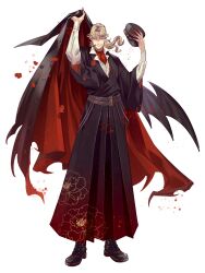 Rule 34 | 1boy, alpaca connect, ascot, bat wings, beard stubble, belt, belt boots, black boots, black cape, black hakama, black hat, black kimono, black wings, blonde hair, boots, brown belt, cape, cigarette, colored extremities, colored skin, curtained hair, dress shirt, facial hair, falling petals, floral print, full body, gradient clothes, gradient hakama, gradient skin, grin, hakama, hat, highres, holding, holding unworn cape, holding unworn clothes, holding unworn hat, japanese clothes, jitome, kimono, long hair, low ponytail, male focus, multiple belts, parted bangs, peaked cap, peony print, petals, ponytail, red ascot, red cape, red eyes, red hakama, red hands, red petals, red skin, scar, scar on neck, shirt, simple background, single wing, smile, smoking, solo, standing, stubble, tokyo insomnia, two-sided cape, two-sided fabric, unworn cape, unworn hat, unworn headwear, very amai, white background, white shirt, wing collar, wings