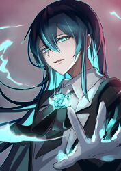 1girl absurdres ado_(utaite) black_bow black_bowtie black_hair blue_eyes blue_hair bow bowtie chando_(ado) collared_shirt colored_inner_hair commentary_request gloves hair_between_eyes highres long_hair looking_at_viewer mole mole_under_eye multicolored_hair open_mouth shirt sidelocks solo tsukuno_tsuki upper_body utaite white_gloves white_shirt