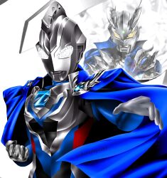 2boys alien blue_cape cape capelet color_timer colored_skin eye_slugger glowing hanejidyna86 highres holding horns looking_at_viewer multicolored_skin multiple_boys silver_skin simple_background standing tokusatsu ultra_series ultraman_z ultraman_z_(original) ultraman_z_(series) ultraman_zero white_background white_eyes yellow_eyes
