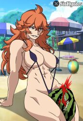 Rule 34 | 1girl, abs, big breasts, bikini, black clover, blue eyes, breasts, crushing, food, fruit, highres, mereoleona vermillion, multiple girls, muscular, red hair, sirkyrios, swimsuit, thick thighs, thighs, watermelon