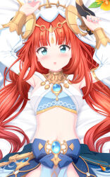 1girl :o arms_up blue_brooch blue_eyes blue_nails blush breasts brooch commentary_request crop_top fake_ad genshin_impact harem_outfit jewelry long_hair long_sleeves lying navel nilou_(genshin_impact) on_back puffy_long_sleeves puffy_sleeves red_hair small_breasts solo sui._(ayase) veil white_veil
