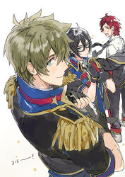 3boys ahoge aqua_eyes black-framed_eyewear black_gloves black_hair black_jacket black_necktie black_pants blonde_hair blue_eyes blush boots closed_mouth collared_jacket commentary_request cowboy_shot dramatic_stars_(idolmaster) fingerless_gloves from_side full_body glasses gloves hair_between_eyes holding_necktie idolmaster idolmaster_side-m jacket kashiwagi_tsubasa looking_at_viewer male_focus multiple_boys nana_tetra necktie open_mouth pants red_eyes red_hair sakuraba_kaoru semi-rimless_eyewear shirt short_hair shoulder_strap simple_background smile star_(symbol) tendo_teru upper_body white_background white_boots white_shirt