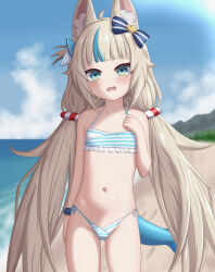 Rule 34 | 1girl, absurdres, animal ear fluff, animal ears, azunyart, beach, bikini, blonde hair, blue bikini, blue eyes, blue hair, blurry, blurry background, cat ears, commentary, fang, fins, fish girl, fish tail, flat chest, frilled bikini, frills, gluteal fold, halterneck, highres, long hair, looking at viewer, low twintails, multicolored hair, navel, one side up, open mouth, original, outdoors, sameko saba, side-tie bikini bottom, solo, streaked hair, striped bikini, striped clothes, swimsuit, tail, twintails, very long hair, virtual youtuber