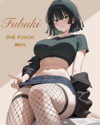 1girl absurdres arm_support arms_at_sides black_hair black_jacket black_shirt blue_skirt blunt_ends blush breasts brown_background character_name choppy_bangs clothes_grab colored_inner_hair commentary_request copyright_name cowboy_shot crop_top cropped_shirt dated_commentary denim denim_skirt eyelashes fishnet_thighhighs fishnets from_below fubuki_(one-punch_man) green_eyes green_hair highres jacket jacket_partially_removed jmx_(j_m_x) large_breasts looking_at_viewer looking_down microskirt multicolored_hair navel off_shoulder on_bed one-punch_man open_clothes open_jacket parted_lips shirt short_hair short_sleeves single_sleeve sitting skirt skirt_grab solo stomach thighhighs thighs two-tone_background