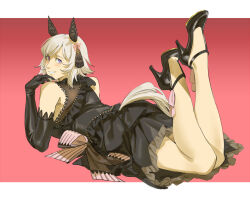 1girl animal_ears ankle_bow ankle_ribbon arm_support bare_shoulders beads black_bow black_dress black_gloves black_shoes bow breasts commentary_request curren_chan_(sakutsuki_ma_cherie)_(umamusume) curren_chan_(umamusume) dress ear_covers ear_ornament elbow_gloves feet_up formal_clothes frilled_dress frills from_behind gem gloves grey_hair grin hair_between_eyes hair_bow hair_intakes hair_ribbon halterneck hand_up head_rest heart heart_print high_heels highres horse_ears horse_girl horse_tail lace_trim leg_ribbon legs_up looking_at_viewer lying medium_breasts official_alternate_costume on_stomach pearl_(gemstone) pink_bow pink_eyes ribbon ruukii_drift see-through_clothes shoes short_hair smile split_mouth straight_hair strappy_heels tail the_pose umamusume white_bow