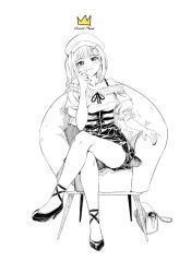 1girl bad_id bad_pixiv_id breasts collarbone crossed_legs crown frilled_shirt frills hair_ornament hololive hololive_english jin_rou looking_at_viewer medium_breasts medium_hair monochrome off-shoulder_shirt off_shoulder shirt side_ponytail sitting skirt smile solo spot_color virtual_youtuber watson_amelia white_background