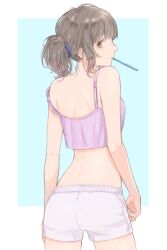 Rule 34 | 1girl, highres, looking at viewer, looking back, midriff, saino misaki, simple background, tagme, toothbrush, underwear