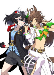 2girls absurdres ahoge animal_ears armband black_hair black_shorts black_socks black_vest blue_eyes brown_hair choker commentary_request cowboy_shot ear_covers feet_out_of_frame gloves hair_ornament hairclip hat high_heels high_tops highres horse_ears horse_girl horse_tail jacket katsuragi_ace_(umamusume) kneehighs long_sleeves looking_at_viewer midriff mini_hat mini_top_hat mr._c.b._(umamusume) multiple_girls open_mouth oshiri_no1 pants ponytail shirt shoes short_hair shorts single_sleeve single_wrist_cuff smile sneakers socks strapless strapless_shirt tail top_hat umamusume vest white_pants wrist_cuffs