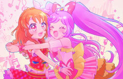 Rule 34 | 2girls, :d, ^ ^, aikatsu!, aikatsu! (series), arm cuffs, arm garter, arms around neck, back bow, bare shoulders, beamed eighth notes, beamed sixteenth notes, blush, bow, bow background, braid, closed eyes, commentary, crossover, crown braid, eighth note, floating hair, frills, gradient background, hair bow, happy, heart, highres, hug, idol clothes, large bow, long hair, manaka laala, multiple girls, musical note, musical note background, mutual hug, open mouth, orange hair, ozora akari, pink background, pink bow, pink eyes, pink wrist cuffs, pocket, pretty series, pripara, purple hair, red skirt, red vest, see-through clothes, skirt, skirt set, smile, sparkle background, treble clef, twintails, very long hair, vest, waist bow, white bow, wrist cuffs, yellow background, yellow bow, yumenocorona
