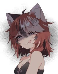1girl :3 animal_collar animal_ear_fluff animal_ears black_hair blue_eyes breasts camisole cat_ears cat_girl cat_hair_ornament cleavage collar commentary english_commentary freckles hair_ornament highres ivy_(nyaivie) licking_lips looking_at_viewer medium_hair multicolored_hair narrowed_eyes nyaivie original red_hair shaded_face slit_pupils smile solo streaked_hair sweat tongue tongue_out upper_body white_hair